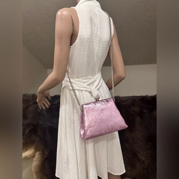 Metallic Pink Genuine Leather Handmade Push Lock Box Bag, Multi Use Style - Picture 7 of 15